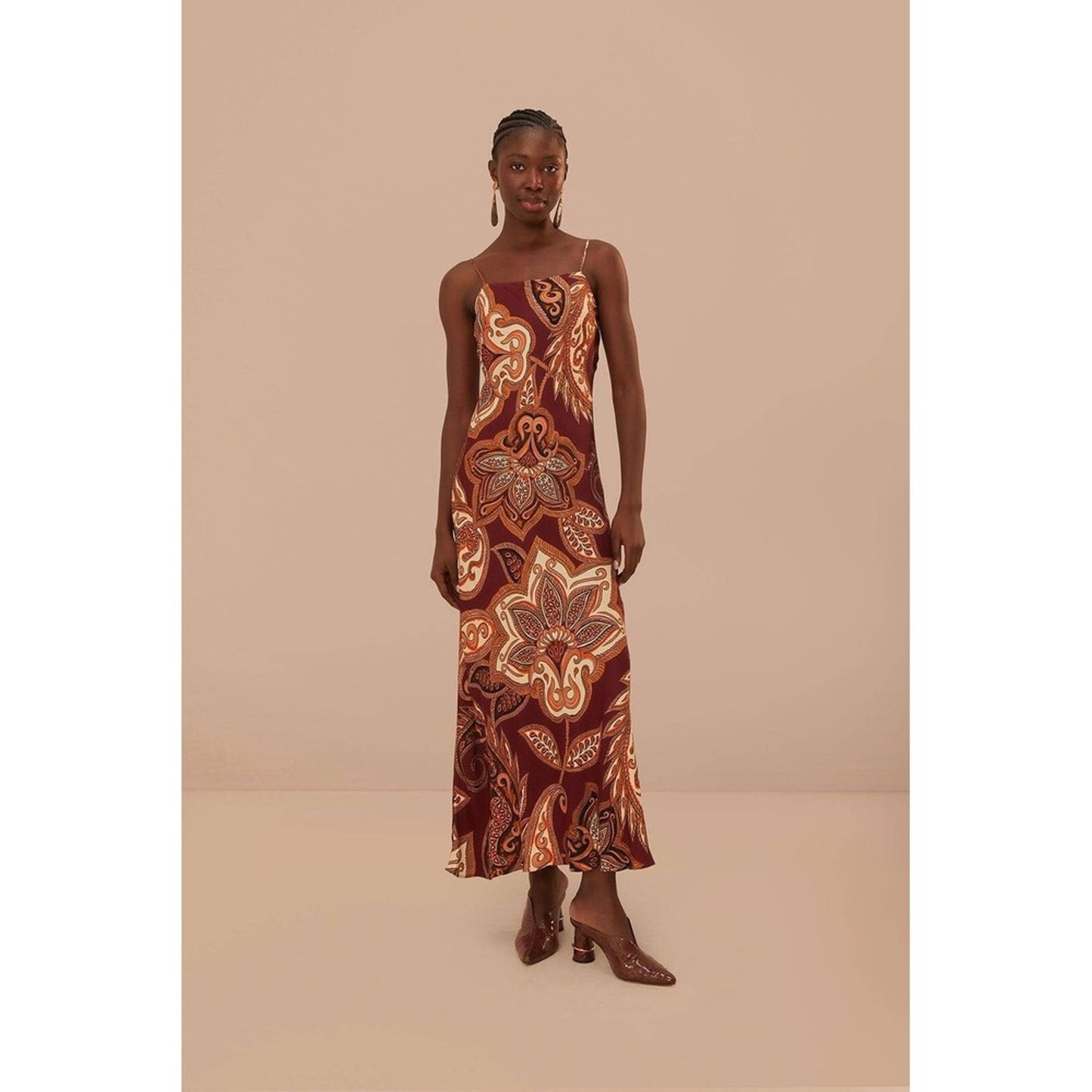 FARM Rio Maxi Slip Dress Paisley Print Burgundy Orange XL