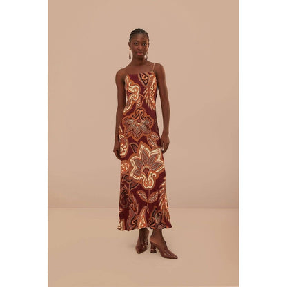 FARM Rio Maxi Slip Dress Paisley Print Burgundy Orange XL