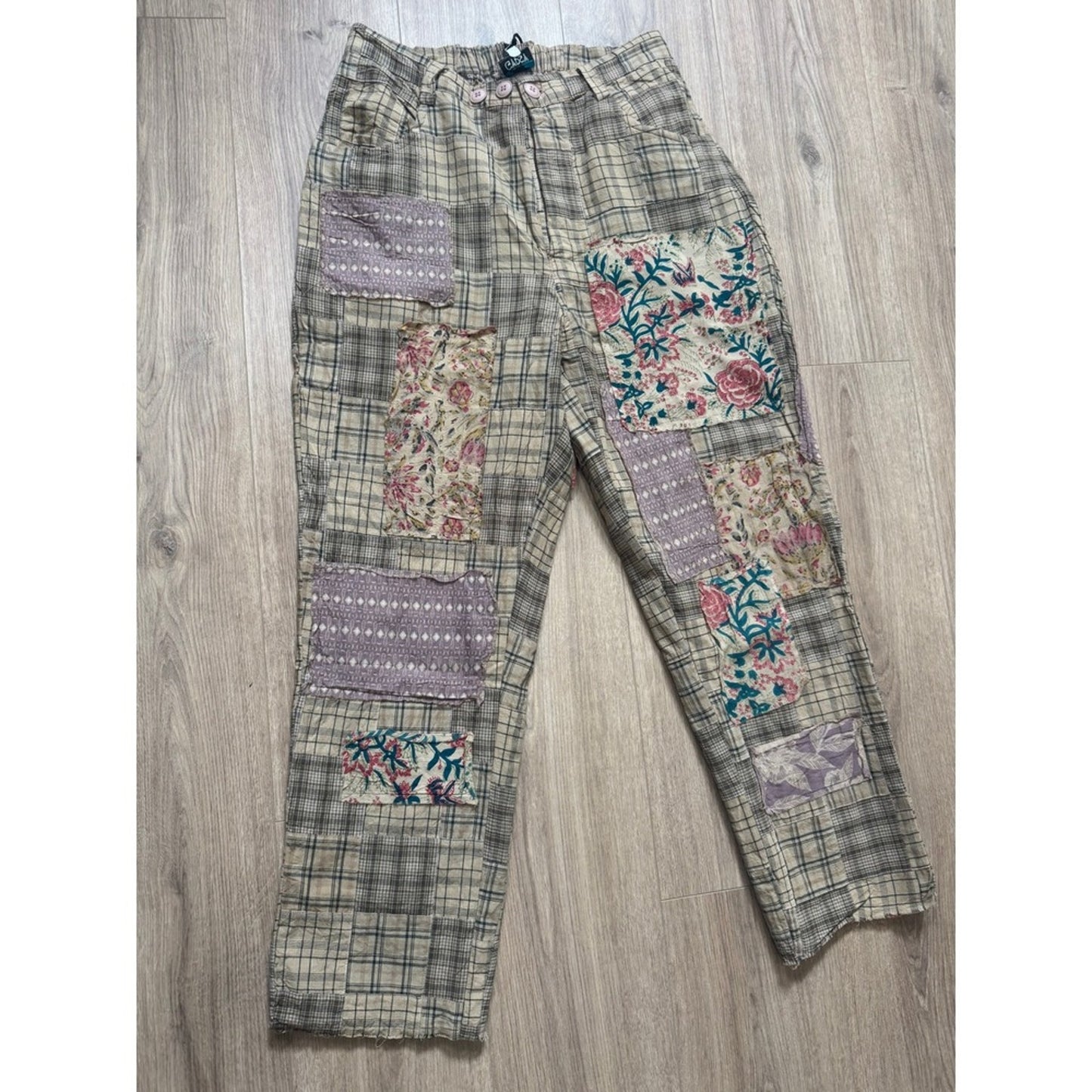 Jaded Gypsy Womens Boho Patchwork Plaid Floral Eyelet Pants Elastic Waist New