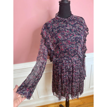 IRO Tinkle Mini Dress Size 18W Sheer Viscose Printed High Neck Long Sleeve