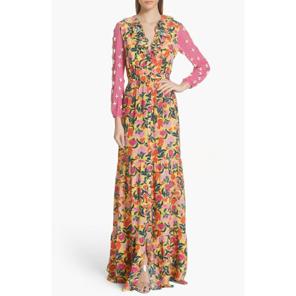 Saloni Ginny Maxi Dress in Multicolor Floral Size 4 Embellished Long Sleeve Silk
