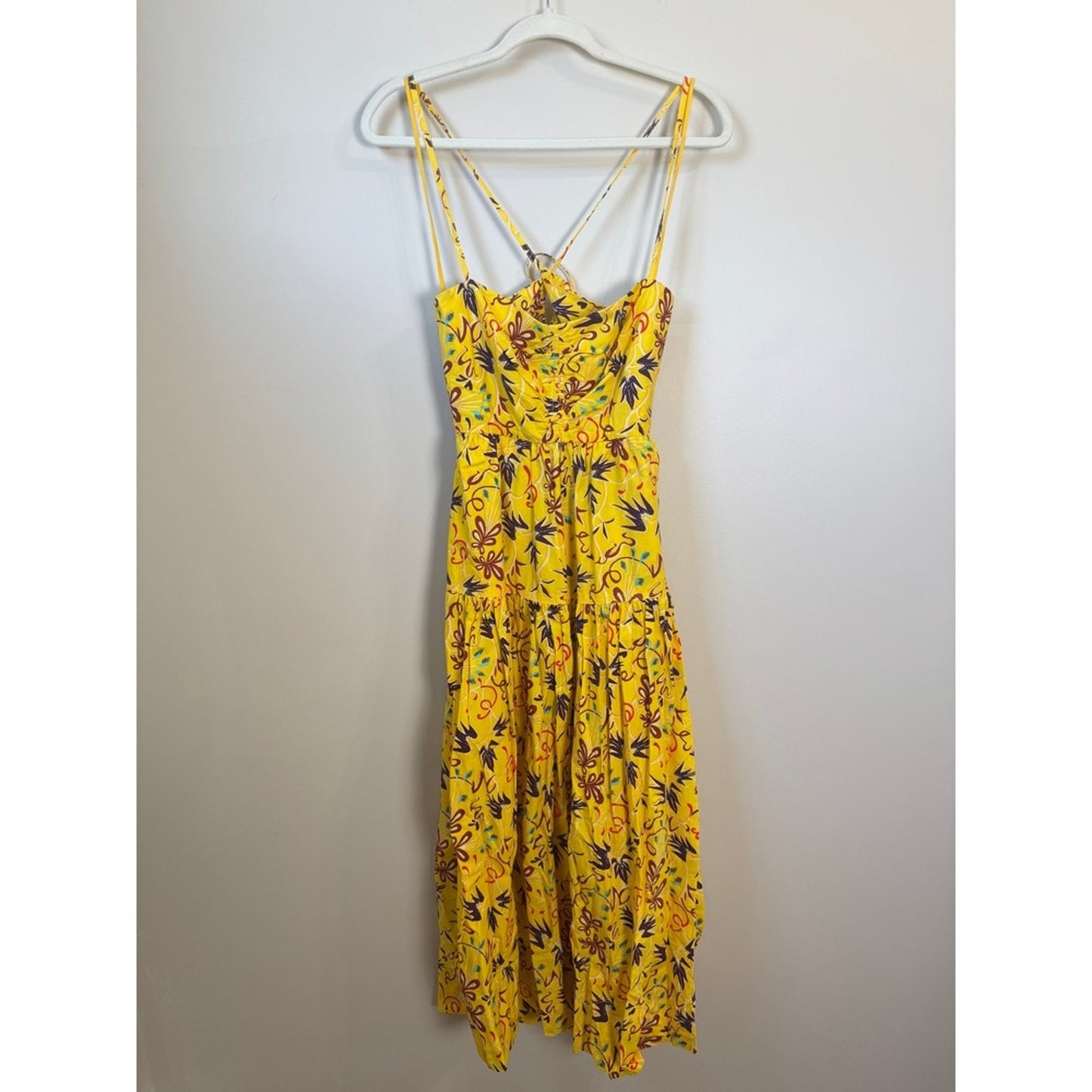 ALC Yellow Floral Ruched Tiered Open Back Midi Dress Womens