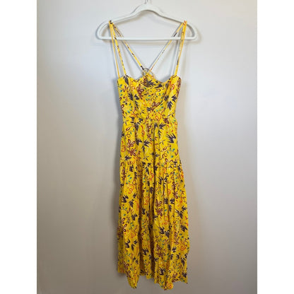 ALC Yellow Floral Ruched Tiered Open Back Midi Dress Womens