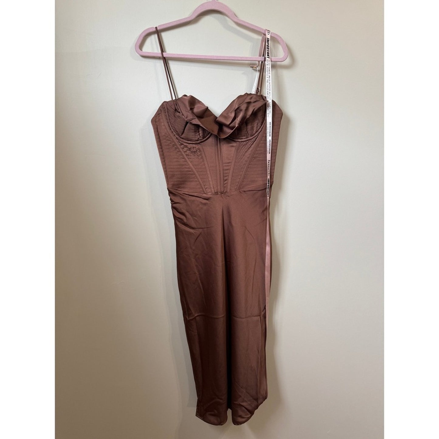 House of CB Brown Satin Corset Cowl Neck Midi Dress Chocolate Boned Bodice NWT