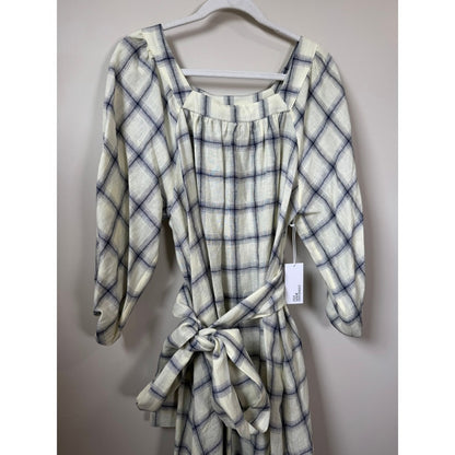 Lisa Marie Fernandez Cream Navy Check Linen Blend Balloon Sleeve Midi Dress NEW