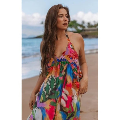 Show Me Your Mumu Womens Tropical Parrot Embroidered Halter Maxi Dress Boho
