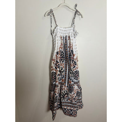 Farm Rio Women XL White Tile Floral Smocked Tiered Midi Dress Beaded Tassels