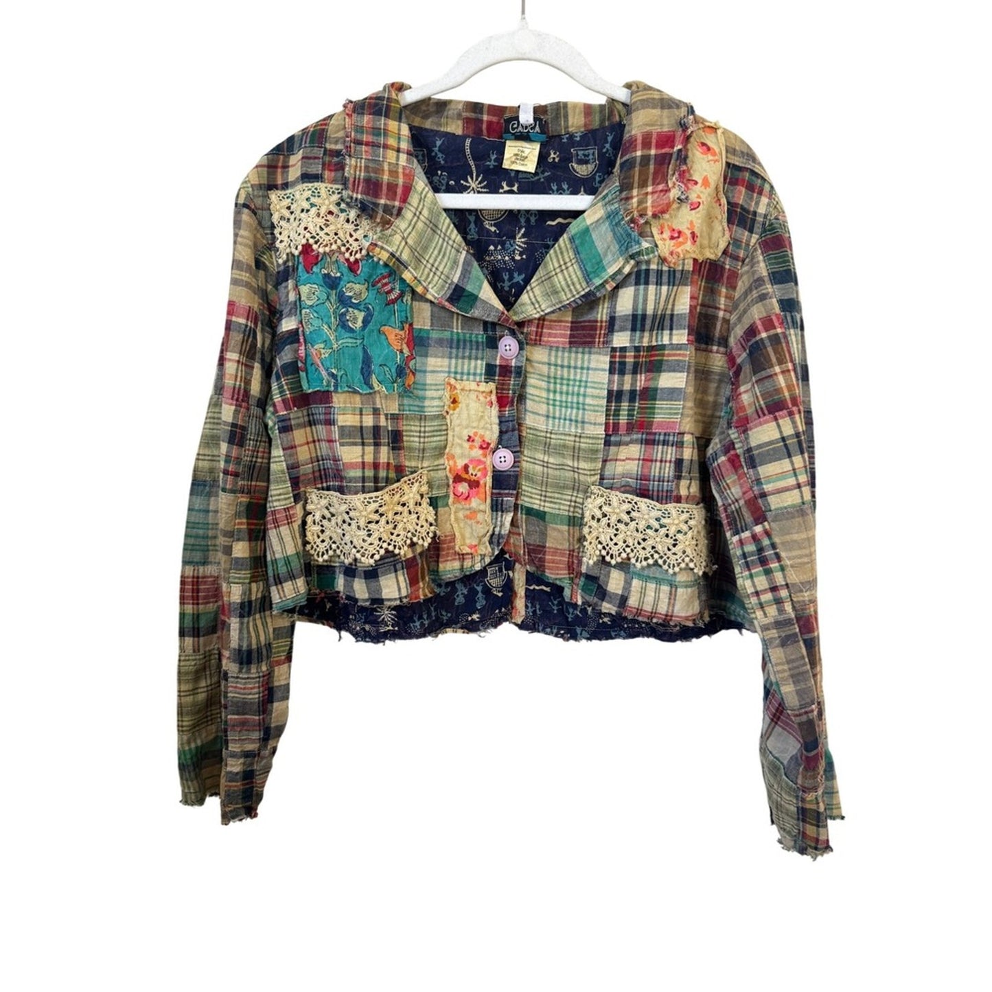 Jaded Gypsy Women  Patchwork Jacket Plaid Floral Lace Boho Multi Color S/M