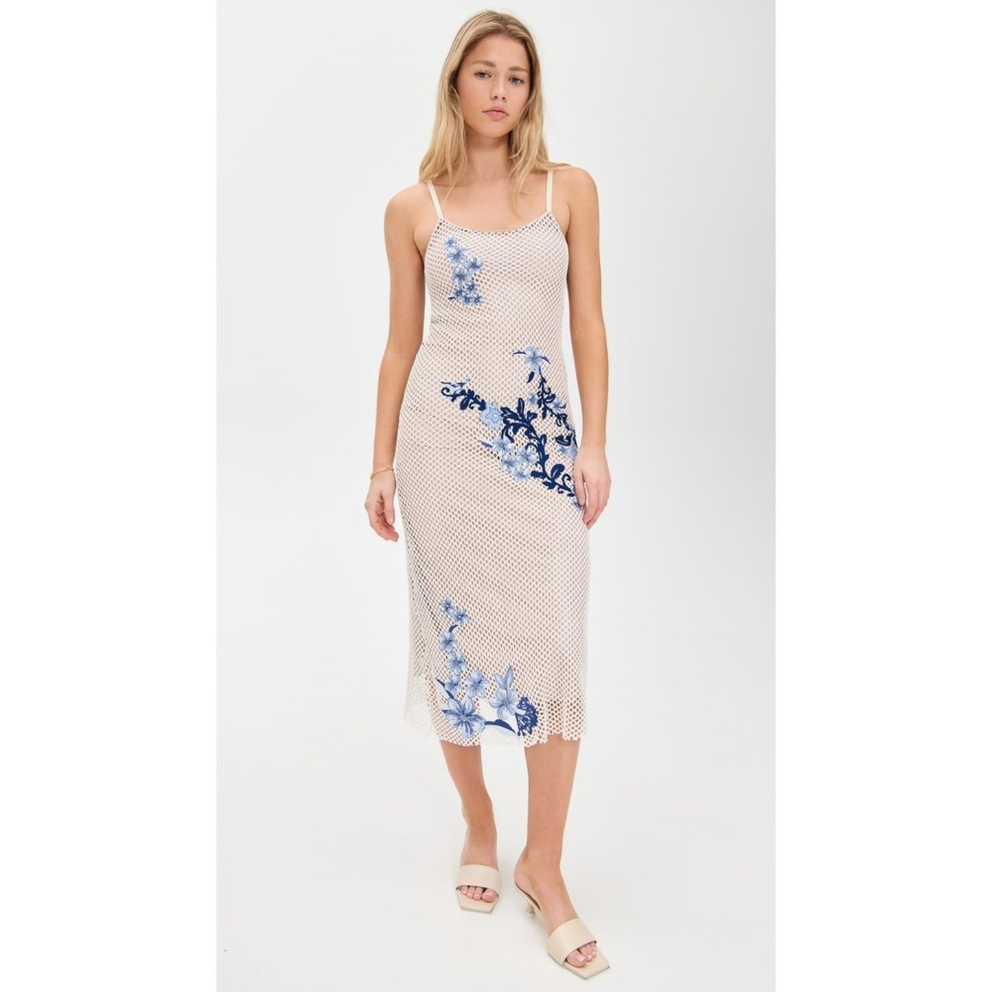 Agua Bendita White Fishnet Mesh Blue Floral Embroidered Midi Dress Bodycon Lined