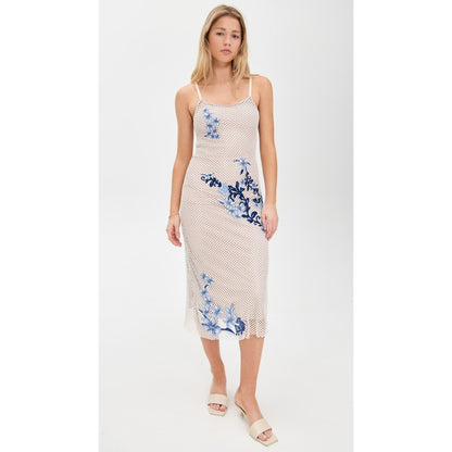 Agua Bendita White Fishnet Mesh Blue Floral Embroidered Midi Dress Bodycon Lined