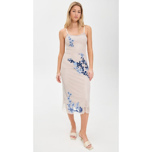 Agua Bendita White Fishnet Mesh Blue Floral Embroidered Midi Dress Bodycon Lined