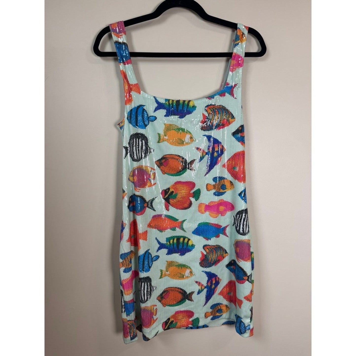 Show Me Your Mumu Tropical Fish Sequin Mini Dress Square Neck  Green Shift Dress