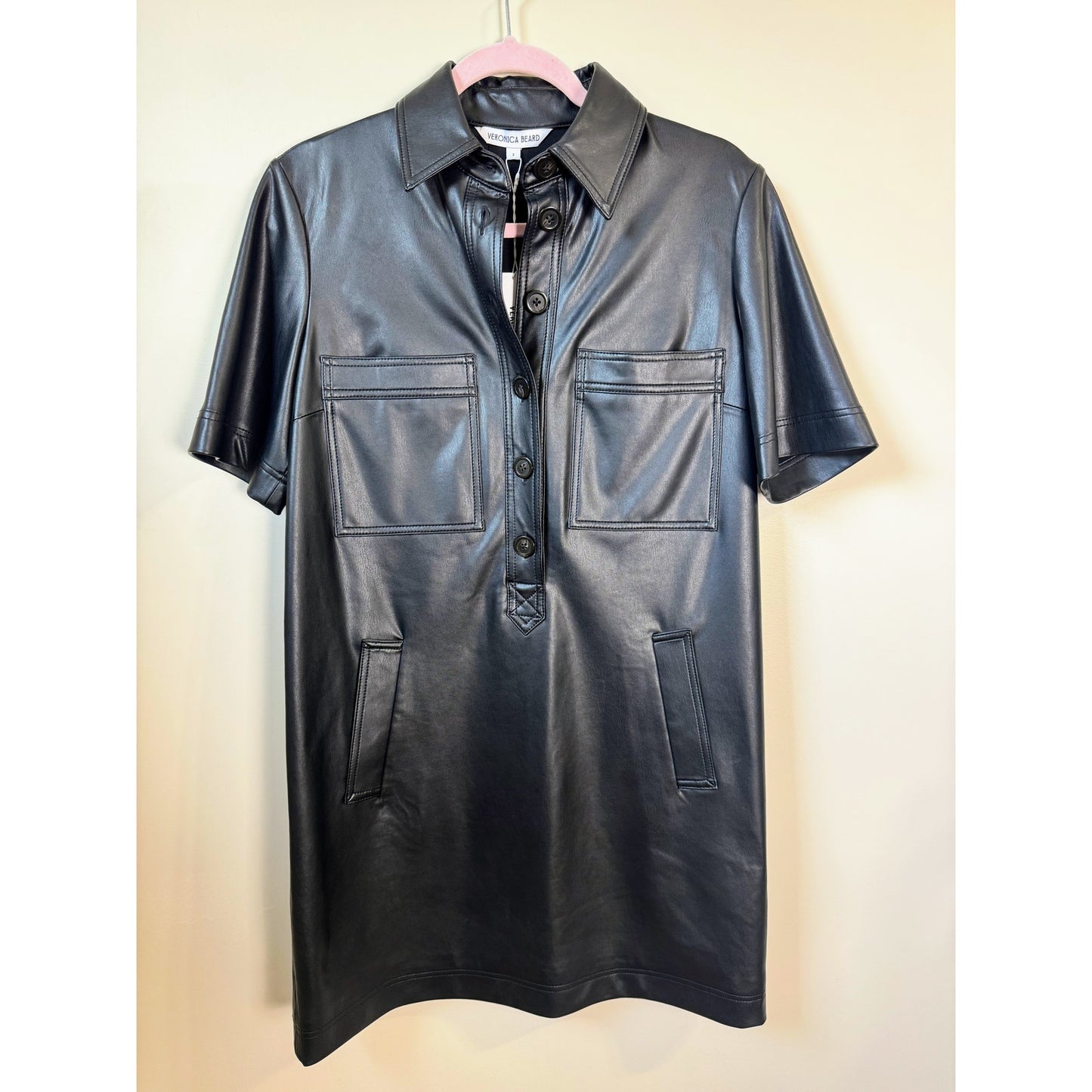 NEW NWT Veronica Bear Short Sleeve Khoulis Faux Leather Dress in Black Size 2