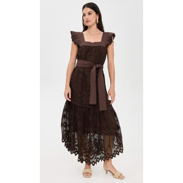 Farm Rio Chocolate Brown Lace Crochet Ruffle Midi Dress Square Neck Belted Boho