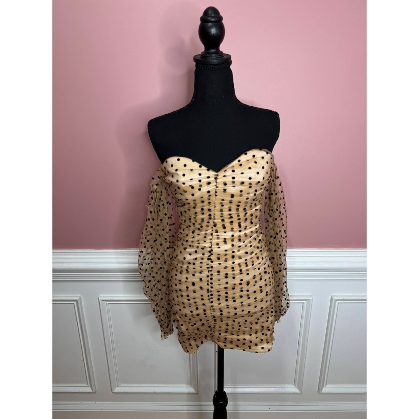 Majorelle Secrets Dress in Dark Nude Polka Dots Size XS Sheer Long Sleeve Lined