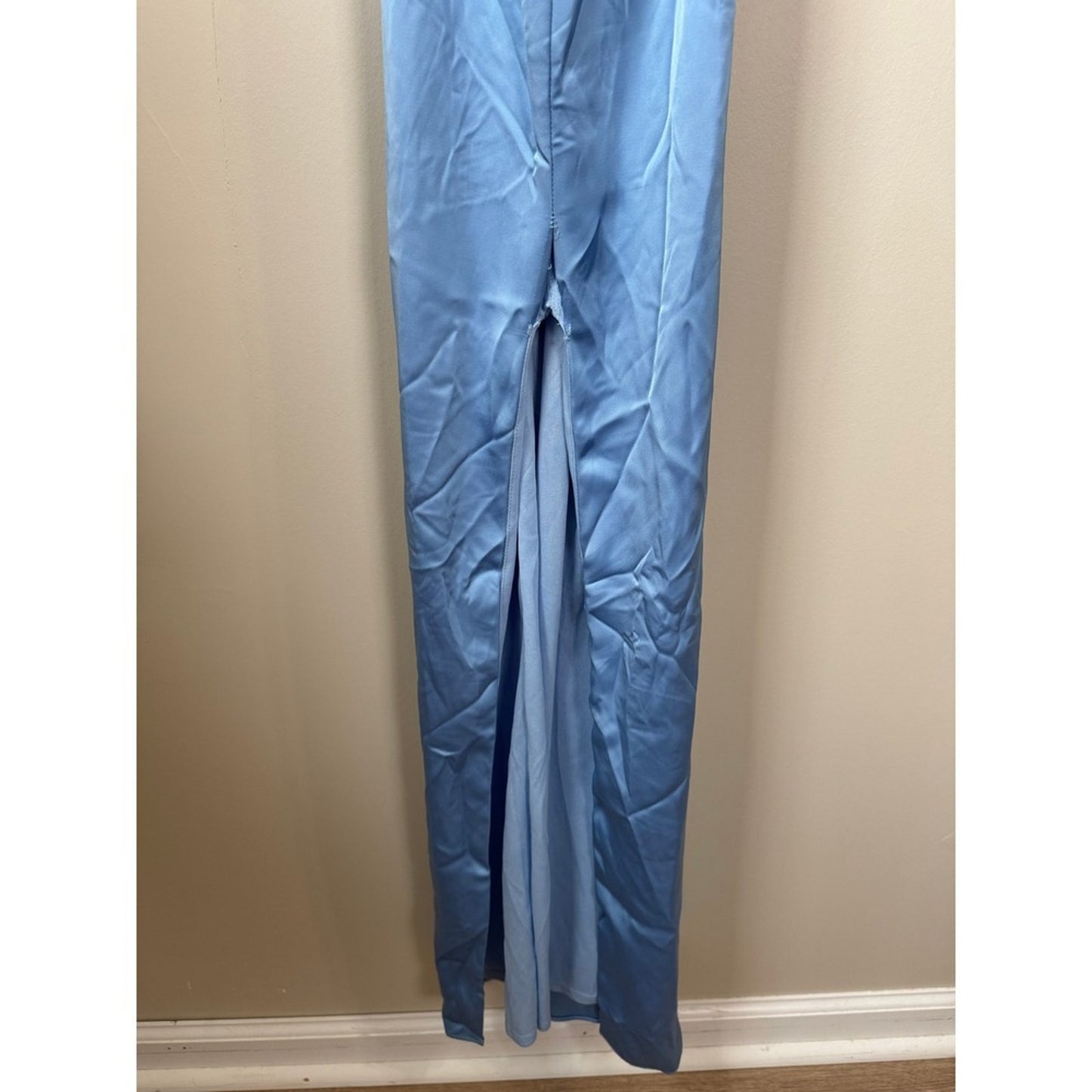 Katie May Los Angeles Blue Satin Cowl Neck Maxi Gown Dress NWT Defect