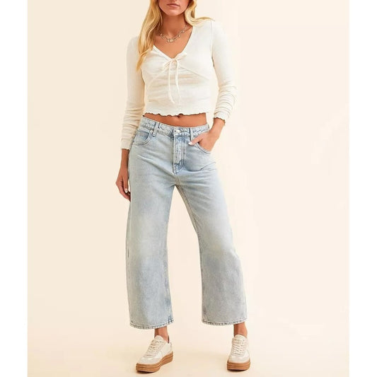 We The Free Free People Old West Slouchy Wide Leg Distressed Jeans Light Wash 27