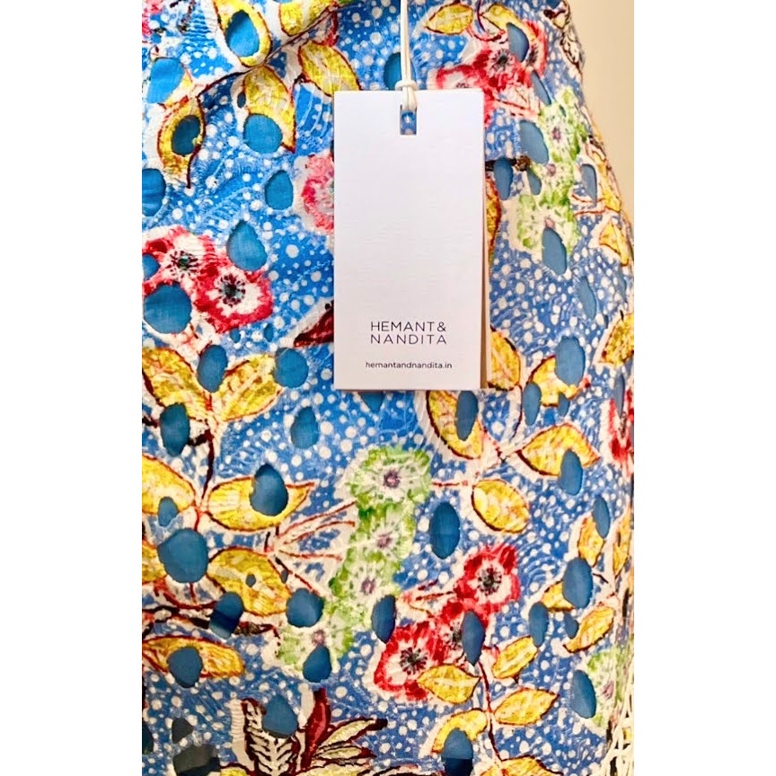 Hemant and Nandita Preet Mini Dress in Blue Large Floral Halter Eyelet Lined