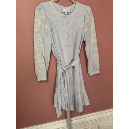Cartolina Nantucket Long-Sleeve Embroidered Tie-Waist Mini Ruffle Dress Size XS