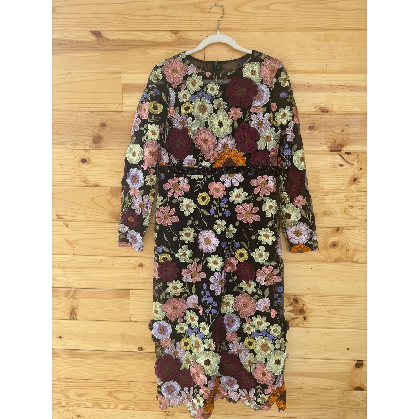 Mac Duggal Floral Applique Long Sleeve Midi Dress Black Multi Sz 10 STYLE 68462