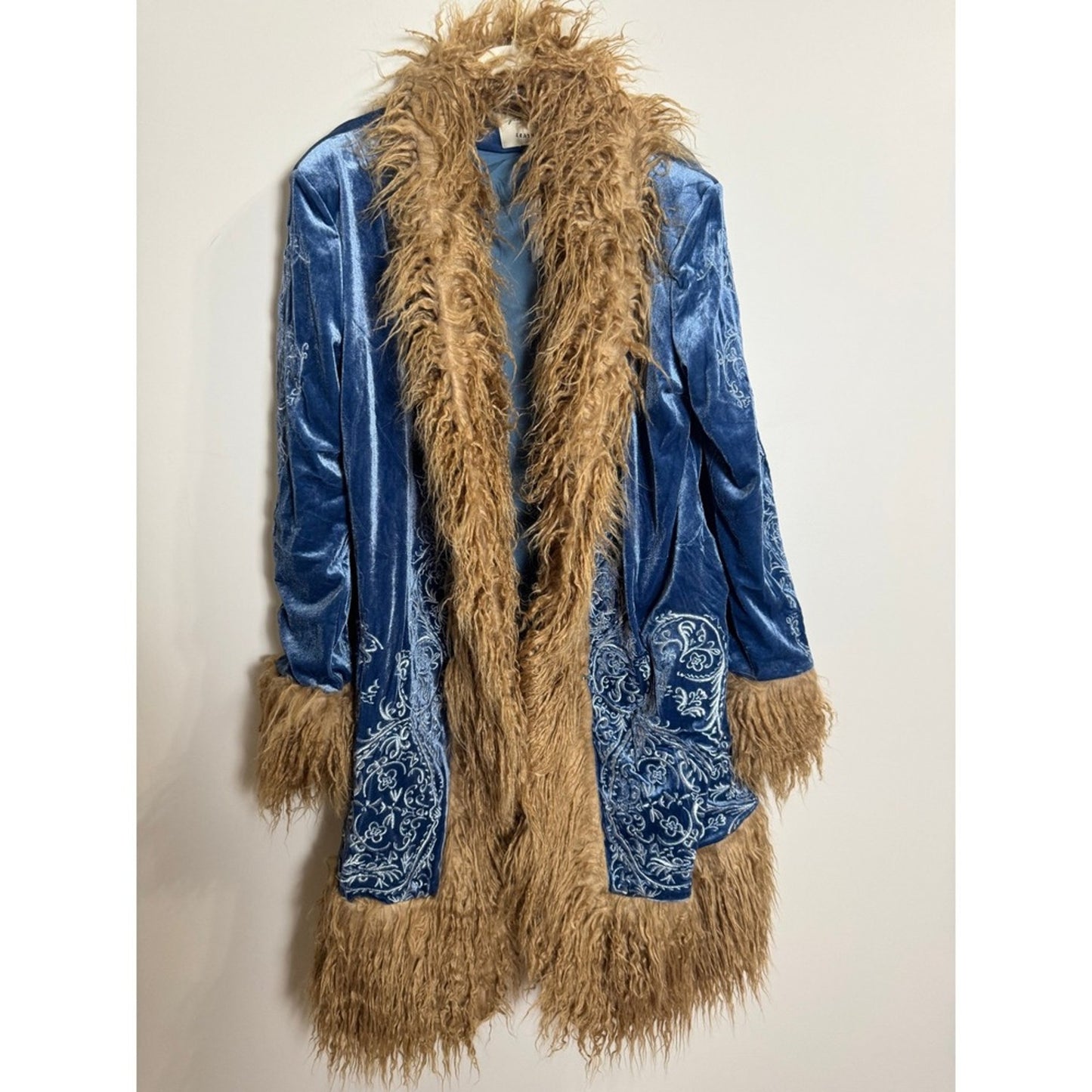 Free People Moon Glow Velvet Coat Blue Tan Embroidered Faux Fur Trim Medium NEW
