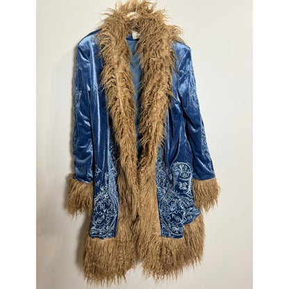 Free People Moon Glow Velvet Coat Blue Tan Embroidered Faux Fur Trim Medium NEW