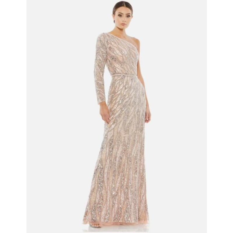 MacDuggal One Shoulder Sequin Gown Maxi in Pink/Silver Size 8 Beaded Long Sleeve