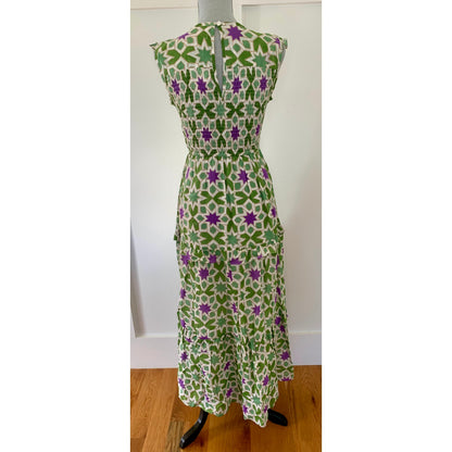 Banjanan Iris Smocked Ruffle Midi Dress in Star Gazer Jade Medium Lined Cotton