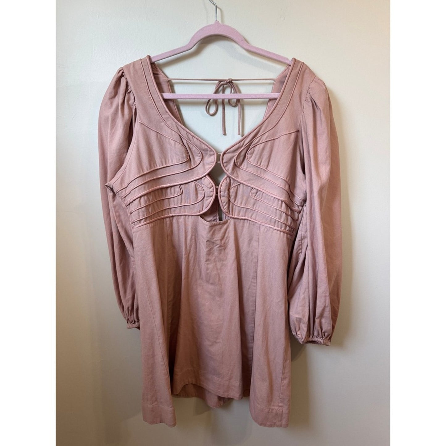 Farm Rio for Anthropologie Pink Cutout Corded Mini Dress Puff Sleeve XL