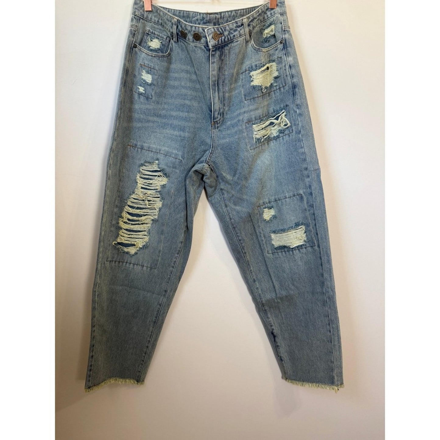 Jaded Gypsy Distressed Patchwork Relaxed Fit Jeans Light Wash Blue O/S NWT