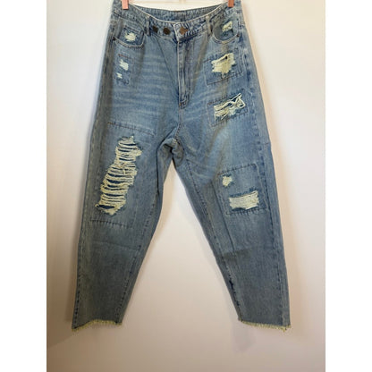 Jaded Gypsy Distressed Patchwork Relaxed Fit Jeans Light Wash Blue O/S NWT