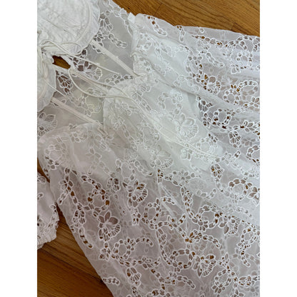 For Love & Lemons Romi Midi Dress in White Small Floral Eyelet Puff Sleeve