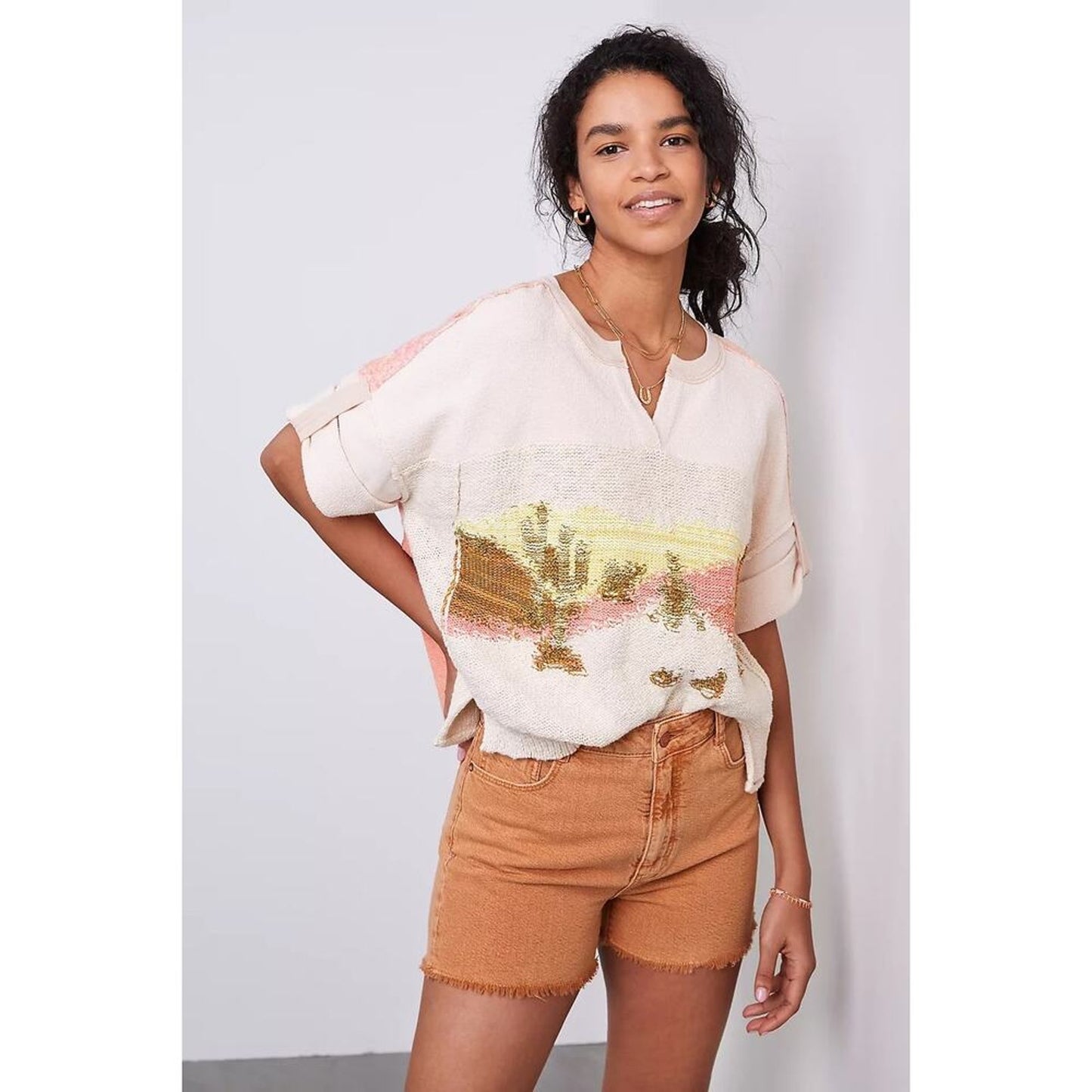 Pilcro Short Sleeve Desert Intarsia Sweater‎ Pullover Knit Size XS