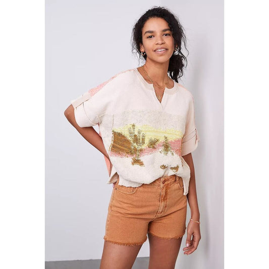 Pilcro Short Sleeve Desert Intarsia Sweater‎ Pullover Knit Size XS