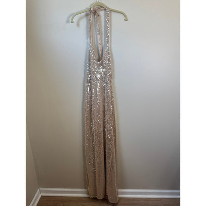 Show Me Your Mumu Sequin Maxi Dress Champagne Gold Halter Slit Gown Small