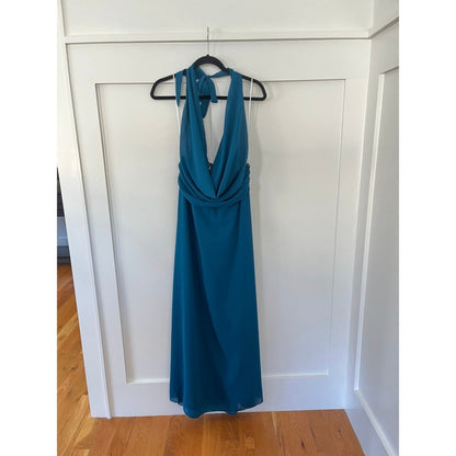 HELLO MOLLY Teal Blue Draped Halter Neck Maxi Dress Formal Evening Gown Size M 8