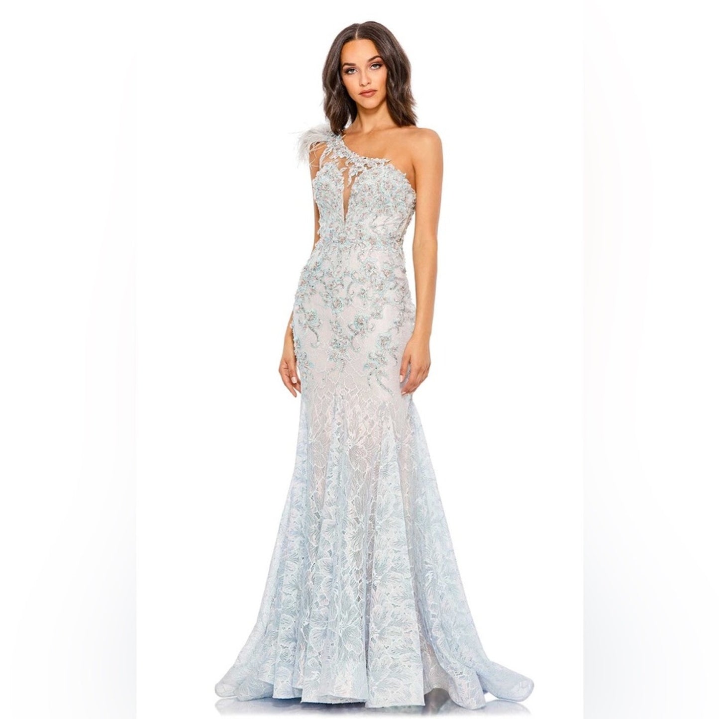Mac Duggal Mermaid Gown‎ Dress in Crystal Blue Size 6 Embellished Lace Cocktail