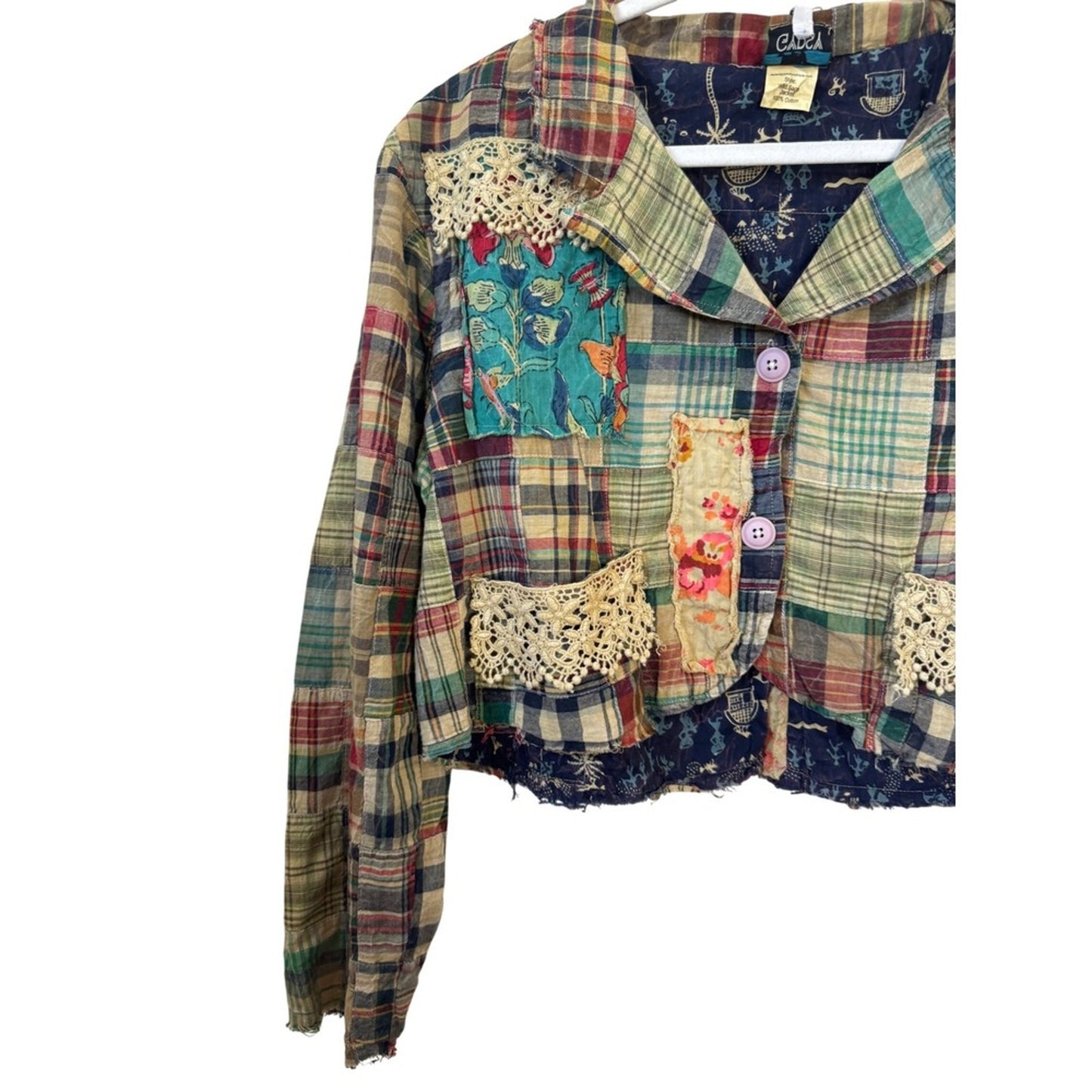 Jaded Gypsy Women  Patchwork Jacket Plaid Floral Lace Boho Multi Color S/M
