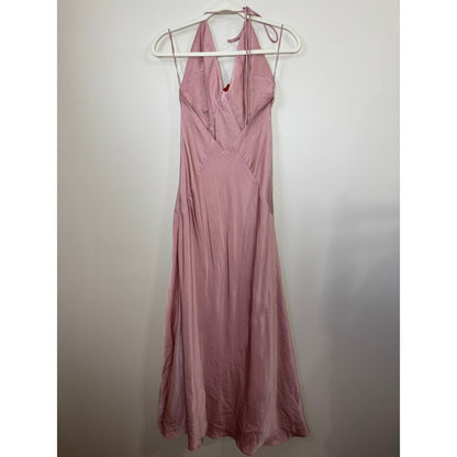 Bardot Aradia Pink Silk Halter Neck Maxi Dress Red Rose Accent