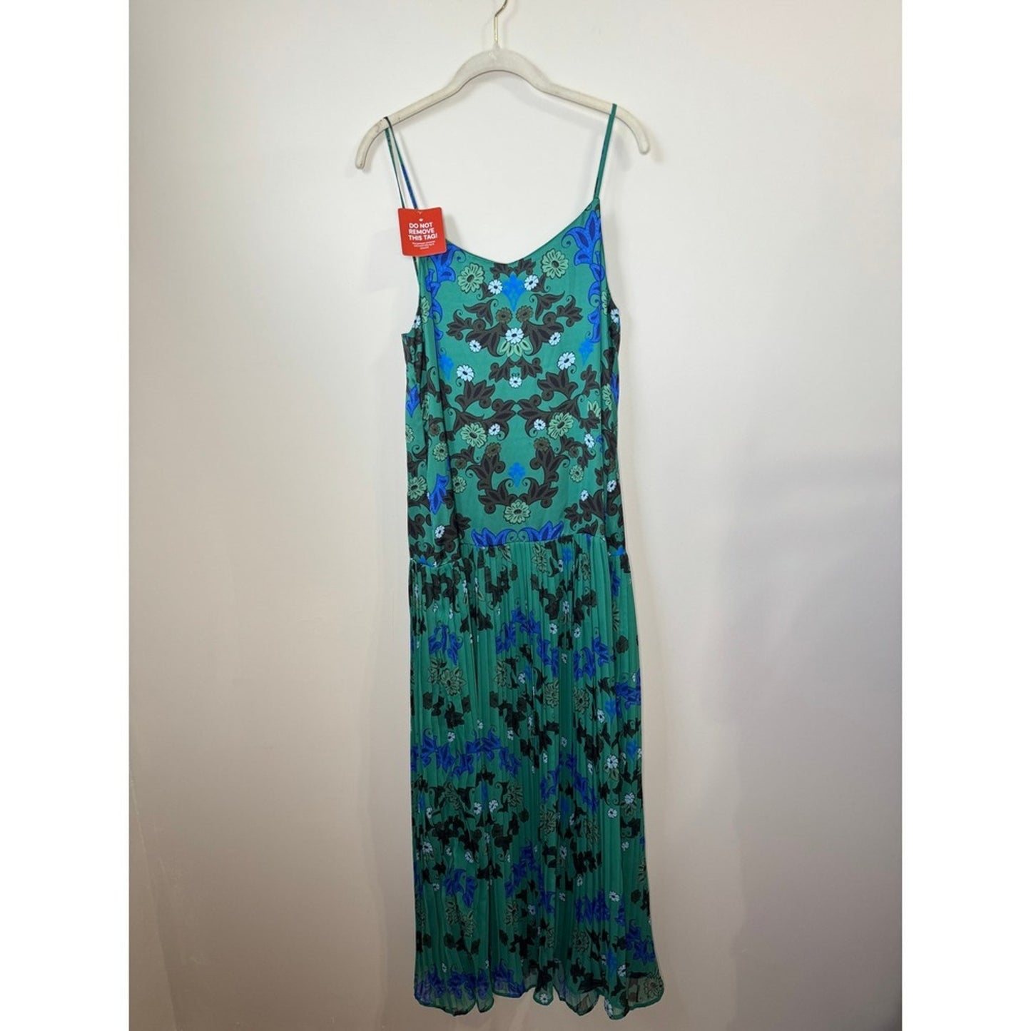Agua Bendita Pleated Floral Maxi Dress Spaghetti Strap Green Blue M