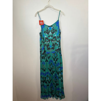 Agua Bendita Pleated Floral Maxi Dress Spaghetti Strap Green Blue M