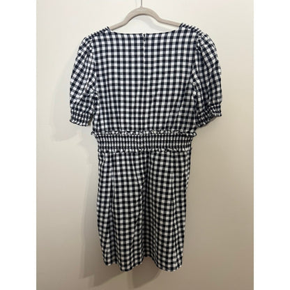 Sezane Black White Gingham Smocked Waist V-Neck Mini Dress Short Puff Sleeve 42
