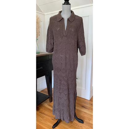 Free People Beach Islamorada Fauxchet Sweater Maxi Dress Brown Medium 3/4 Sleeve