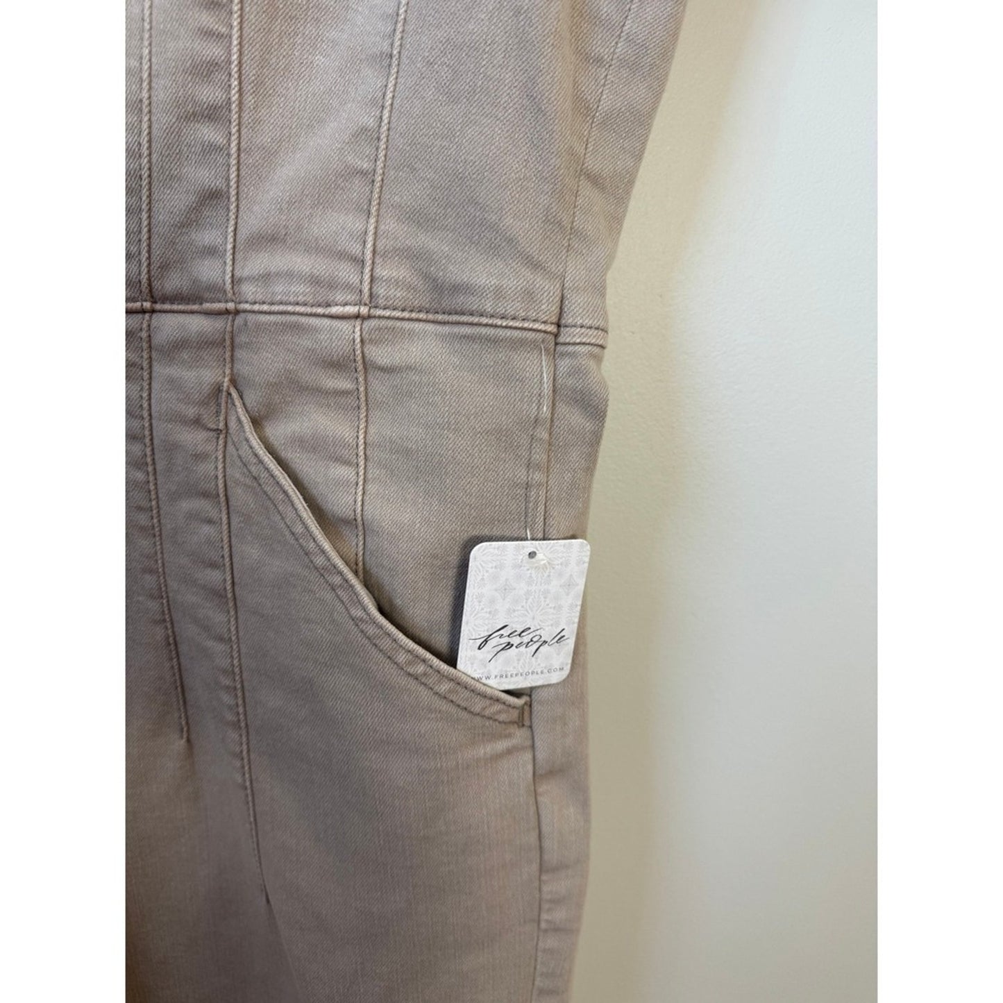 Free People We The Free Marci Denim Jumpsuit Flare Leg Tan Coverall XL NEW