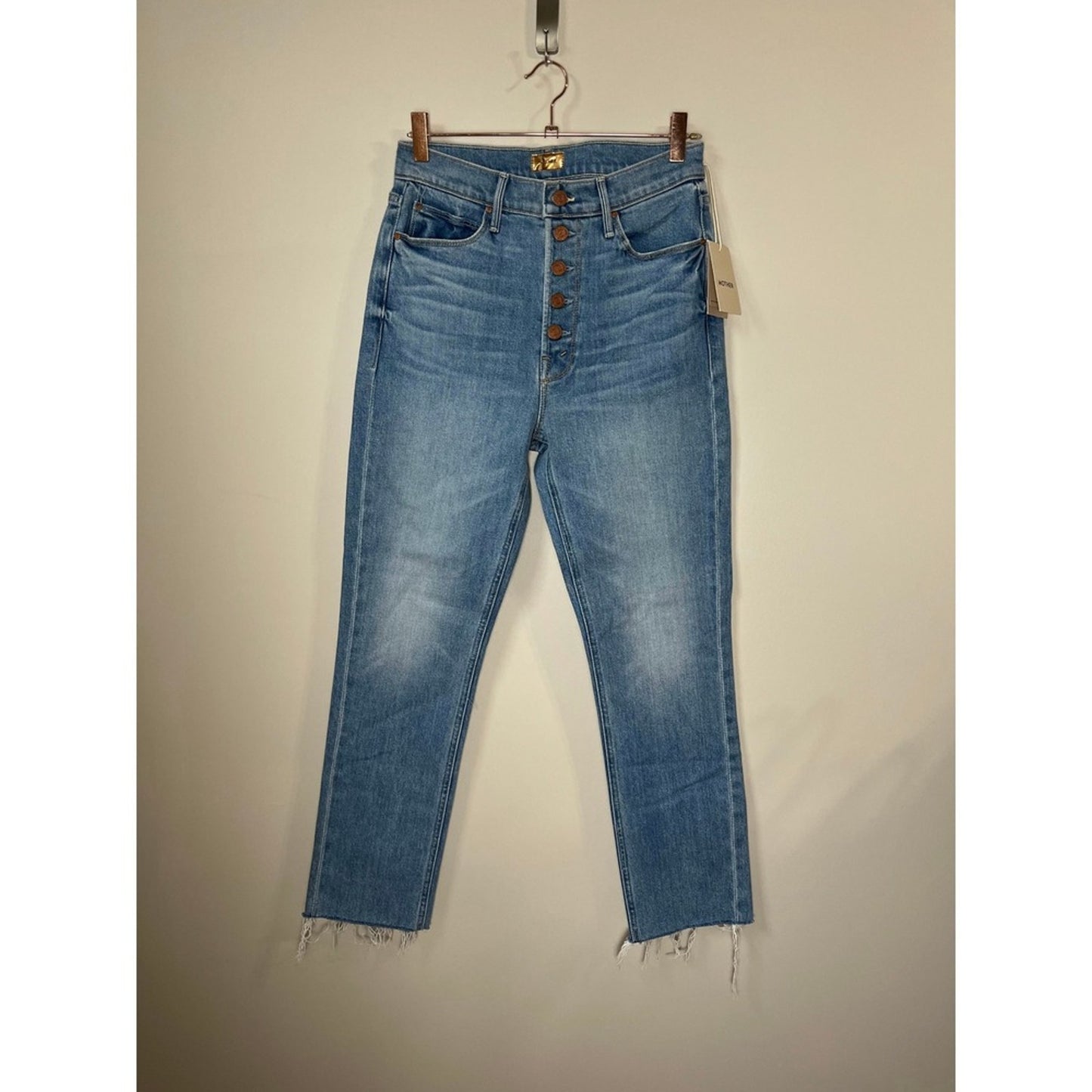 MOTHER Jeans Women's 29 High Waisted Button Fly Frayed Hem Straight Leg Denim