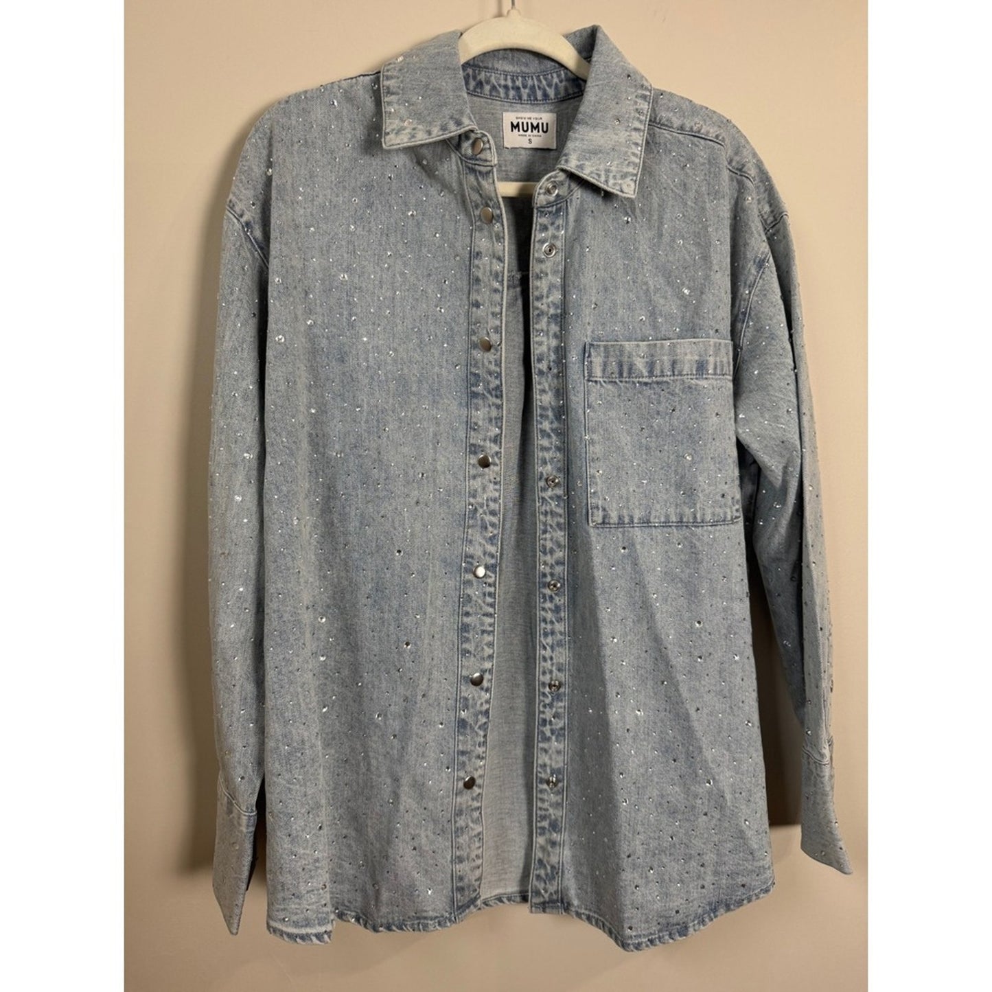 Show Me Your Mumu Rhinestone Denim Shirt Light Wash Crystal Shacket Womens Small