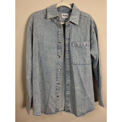 Show Me Your Mumu Rhinestone Denim Shirt Light Wash Crystal Shacket Womens Small