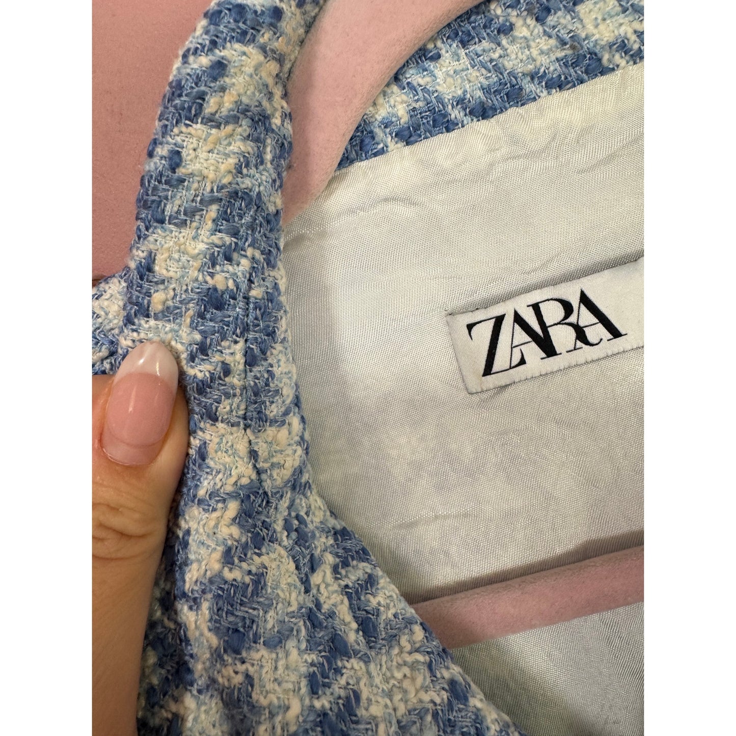 NEW Zara Blogger Fave Blue Tweed Houdstooth Vest Silver Buttons Size Medium