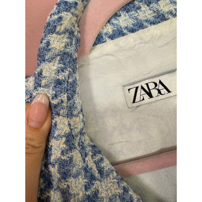 NEW Zara Blogger Fave Blue Tweed Houdstooth Vest Silver Buttons Size Medium