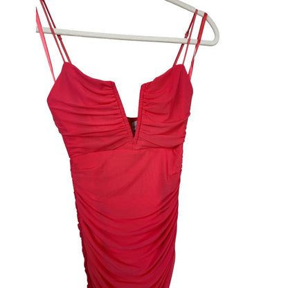 Hello Molly Coral Pink Ruched Mesh V Neck Bodycon Mini Dress Womens US 4